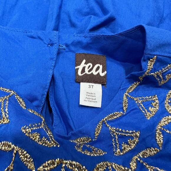 Tea Collection Blue Gold Embroidered Lotus Flowers Button Back Dress - Picture 7 of 9